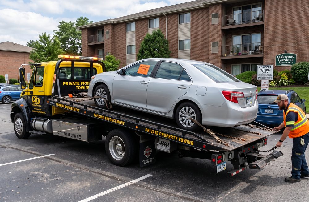 A tow truck removing an unauthorized vehicle from a private lot